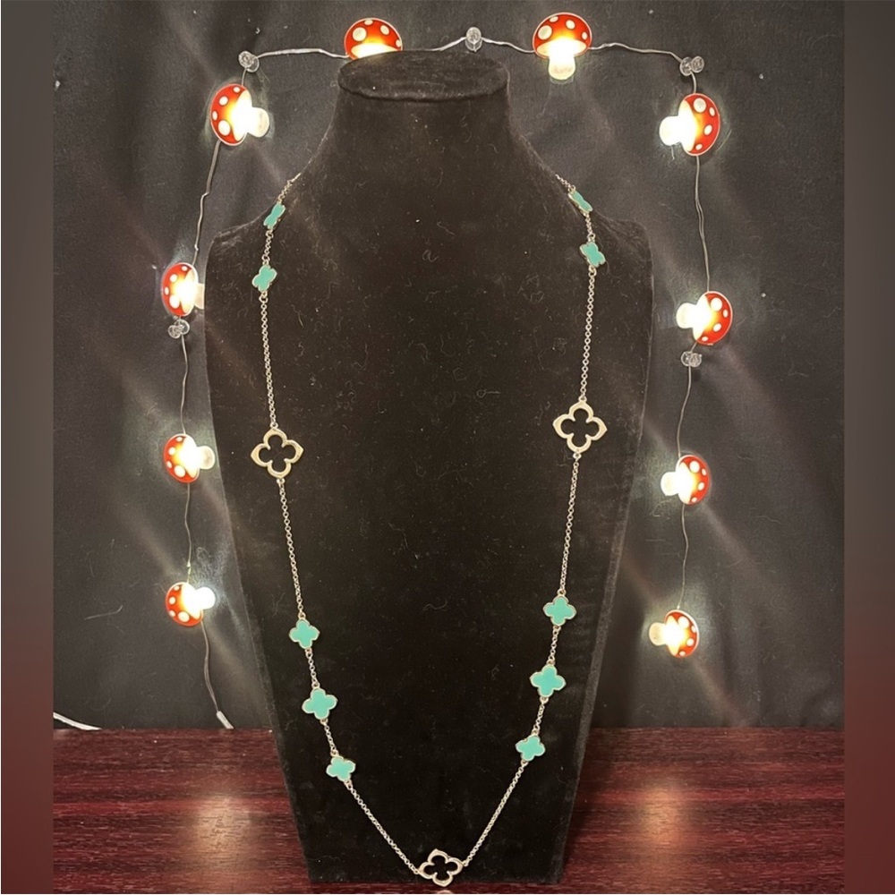 Gold and Green Clover Long Necklace